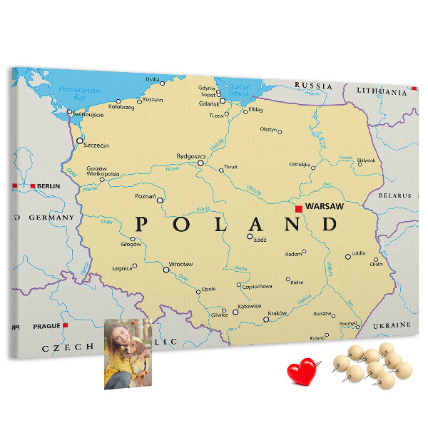 Tableau affichage liège Carte de la Pologne avec Varsovie indiquée