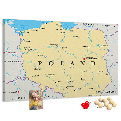 Tableau affichage liège Carte de la Pologne avec Varsovie indiquée