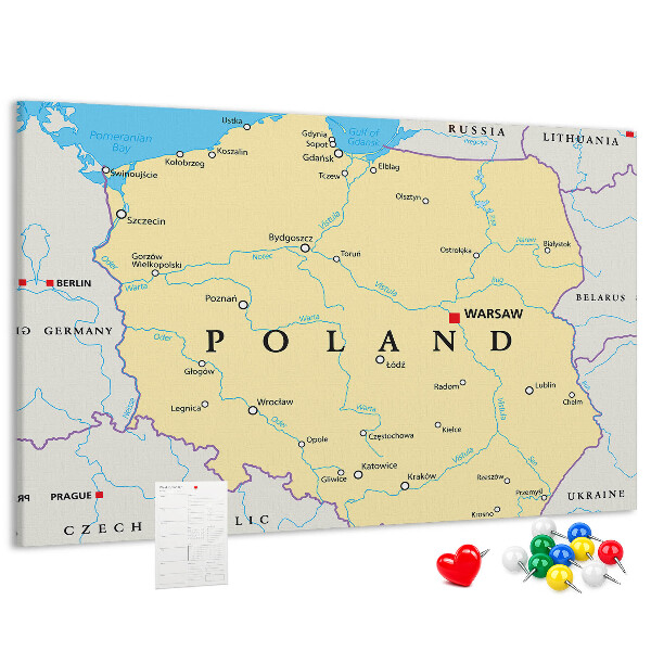 Tableau affichage liège Carte de la Pologne avec Varsovie indiquée