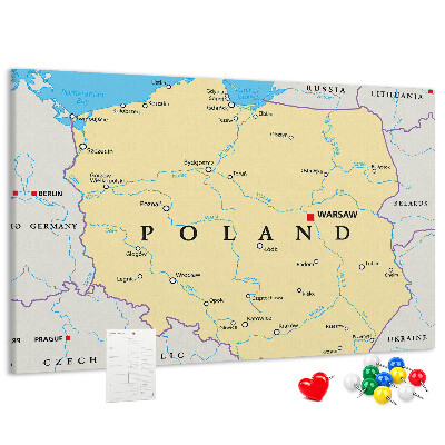 Tableau affichage liège Carte de la Pologne avec Varsovie indiquée