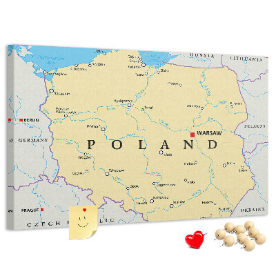 Tableau affichage liège Carte de la Pologne avec Varsovie indiquée