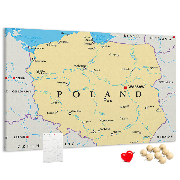 Tableau affichage liège Carte de la Pologne avec Varsovie indiquée