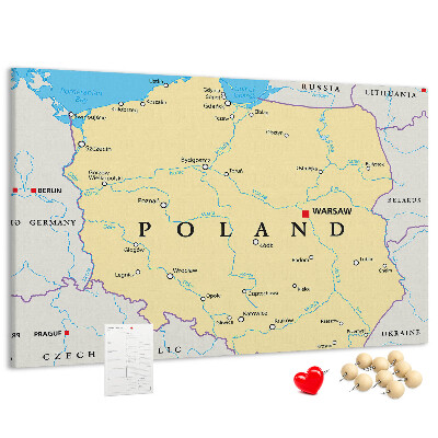 Tableau affichage liège Carte de la Pologne avec Varsovie indiquée