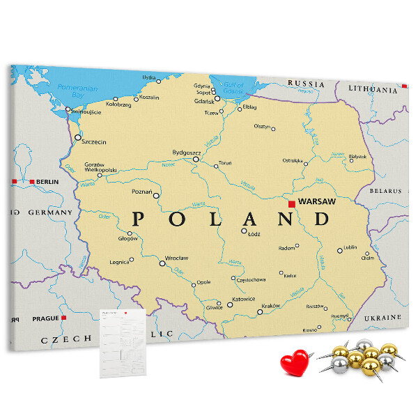 Tableau affichage liège Carte de la Pologne avec Varsovie indiquée
