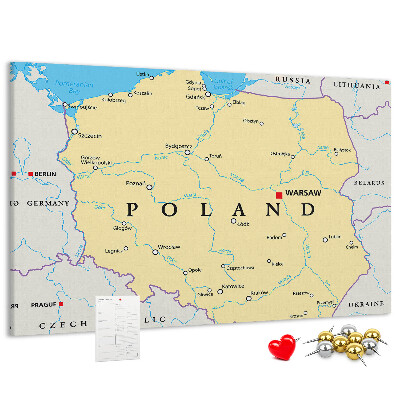 Tableau affichage liège Carte de la Pologne avec Varsovie indiquée