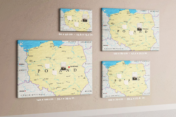 Tableau affichage liège Carte de la Pologne avec Varsovie indiquée