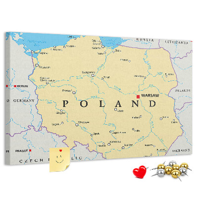 Tableau affichage liège Carte de la Pologne avec Varsovie indiquée