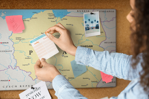 Tableau affichage liège Carte de la Pologne avec Varsovie indiquée
