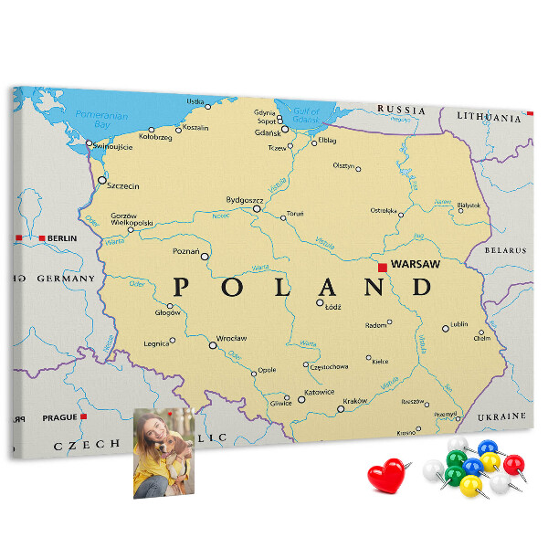 Tableau affichage liège Carte de la Pologne avec Varsovie indiquée