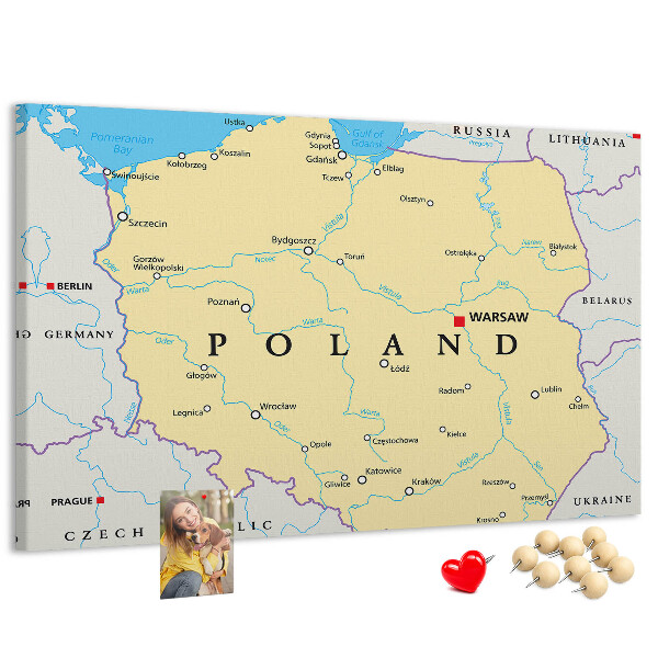 Tableau affichage liège Carte de la Pologne avec Varsovie indiquée