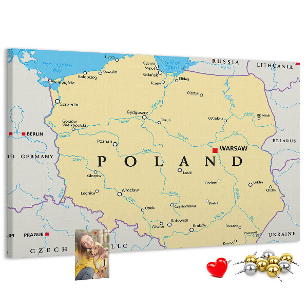Tableau affichage liège Carte de la Pologne avec Varsovie indiquée