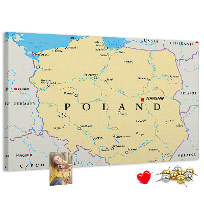 Tableau affichage liège Carte de la Pologne avec Varsovie indiquée