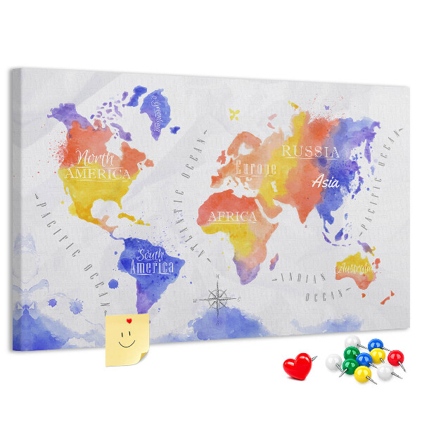 Tableau de liège Carte du monde colorée dans le style aquarelle