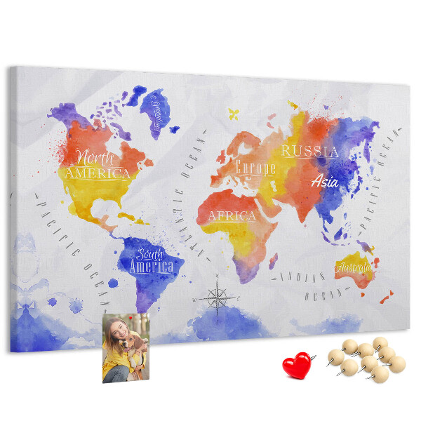 Tableau de liège Carte du monde colorée dans le style aquarelle