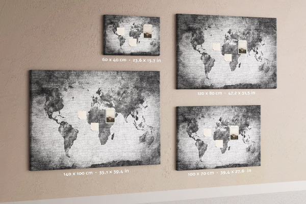 Tableau de liège Une carte du monde à l'ancienne, dans des tons de gris.