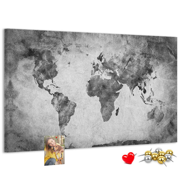 Tableau de liège Une carte du monde à l'ancienne, dans des tons de gris.