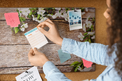 Tableau de liège Fleurs sur fond de planche en bois