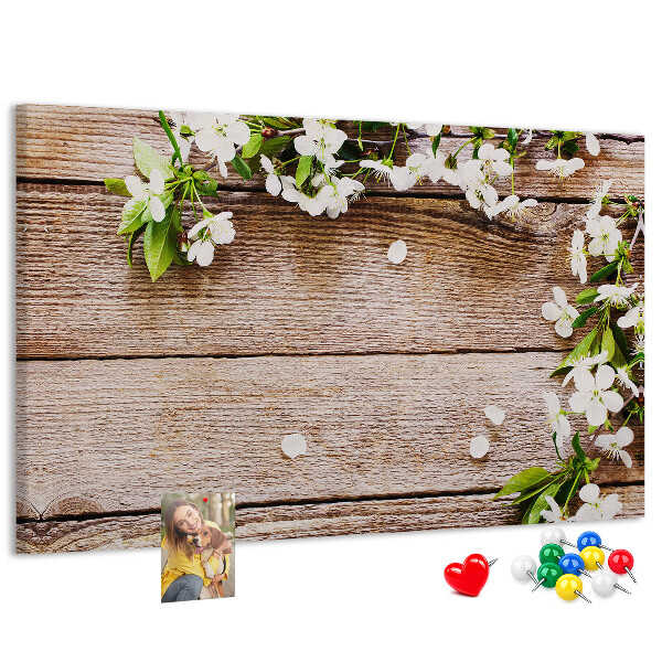 Tableau de liège Fleurs sur fond de planche en bois
