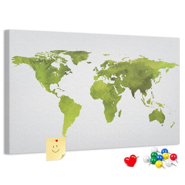 Tableau affichage liège Carte du monde verte avec effet aquarelle