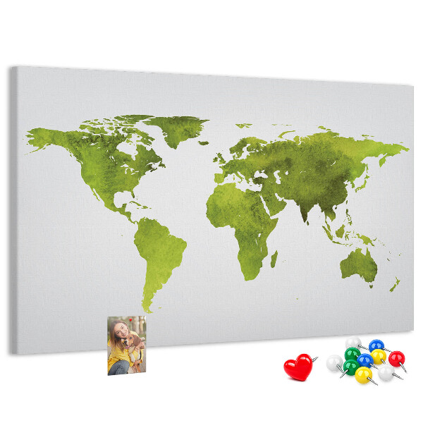 Tableau affichage liège Carte du monde verte avec effet aquarelle
