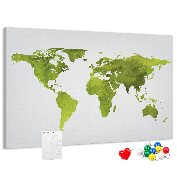 Tableau affichage liège Carte du monde verte avec effet aquarelle