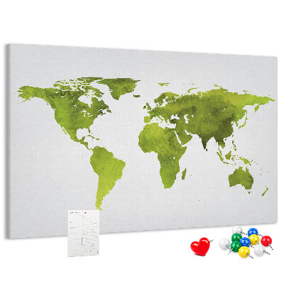 Tableau affichage liège Carte du monde verte avec effet aquarelle