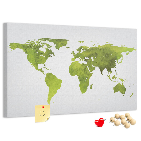 Tableau affichage liège Carte du monde verte avec effet aquarelle