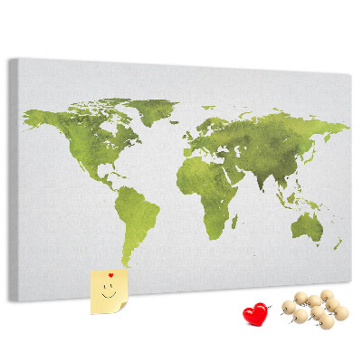 Tableau affichage liège Carte du monde verte avec effet aquarelle