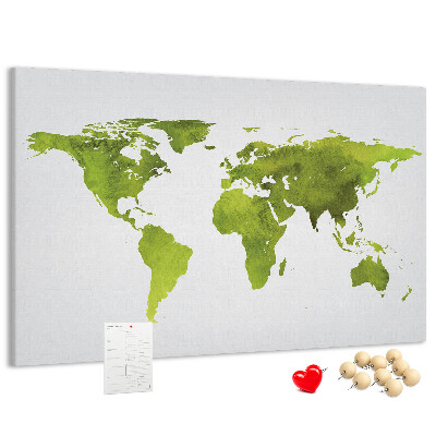 Tableau affichage liège Carte du monde verte avec effet aquarelle