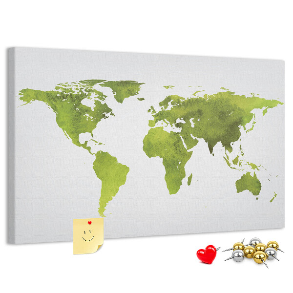 Tableau affichage liège Carte du monde verte avec effet aquarelle