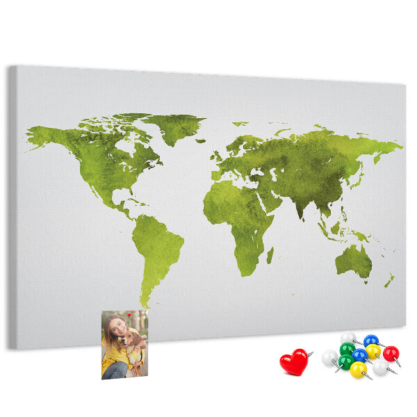 Tableau affichage liège Carte du monde verte avec effet aquarelle