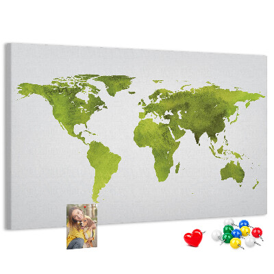 Tableau affichage liège Carte du monde verte avec effet aquarelle
