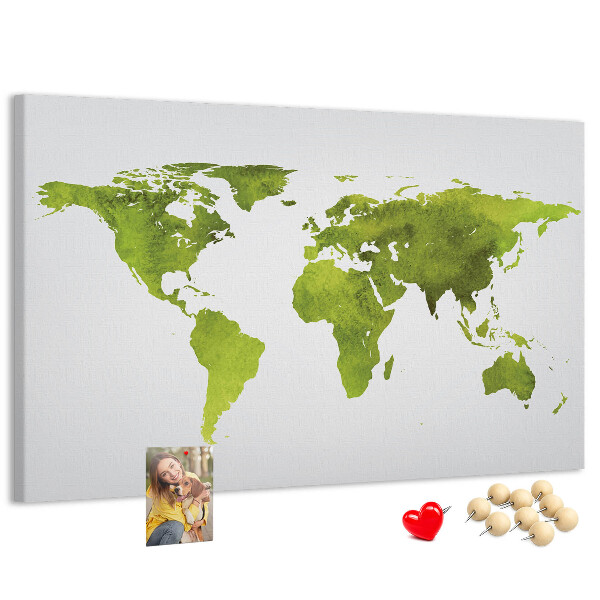 Tableau affichage liège Carte du monde verte avec effet aquarelle
