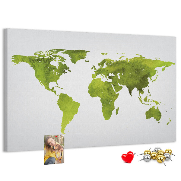 Tableau affichage liège Carte du monde verte avec effet aquarelle