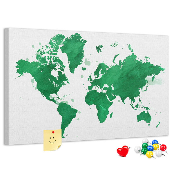Tableau en liège carte du monde à l'aquarelle verte