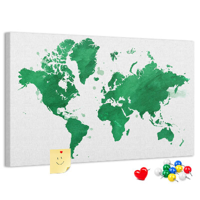 Tableau en liège carte du monde à l'aquarelle verte