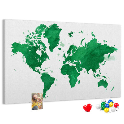 Tableau en liège carte du monde à l'aquarelle verte
