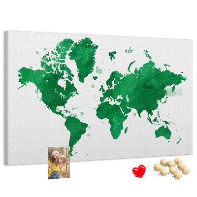 Tableau en liège carte du monde à l'aquarelle verte