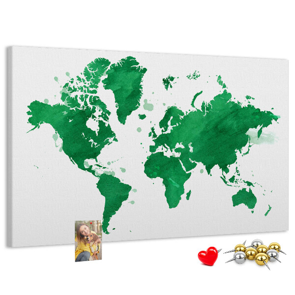 Tableau en liège carte du monde à l'aquarelle verte