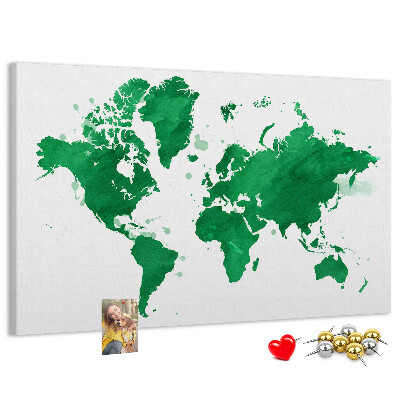 Tableau en liège carte du monde à l'aquarelle verte