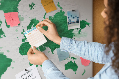 Tableau en liège carte du monde à l'aquarelle verte