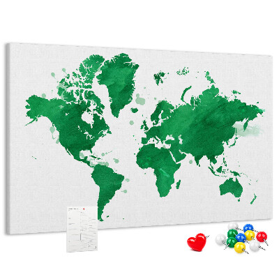 Tableau en liège carte du monde à l'aquarelle verte