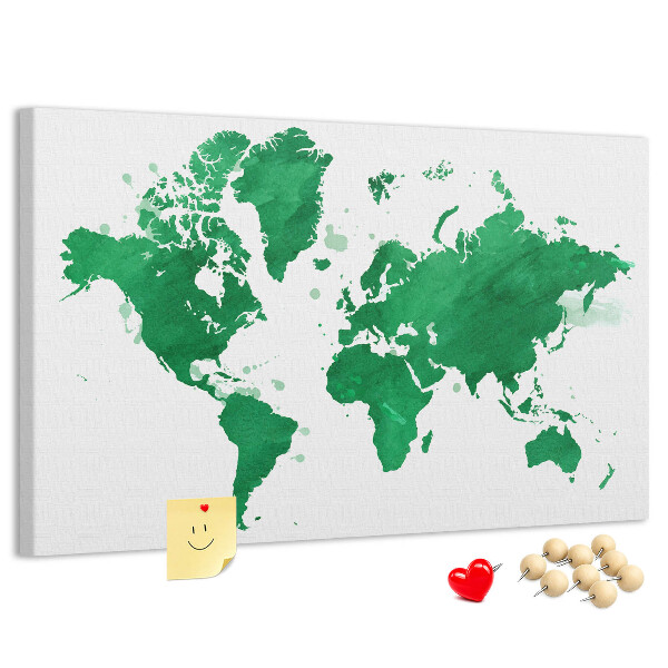 Tableau en liège carte du monde à l'aquarelle verte