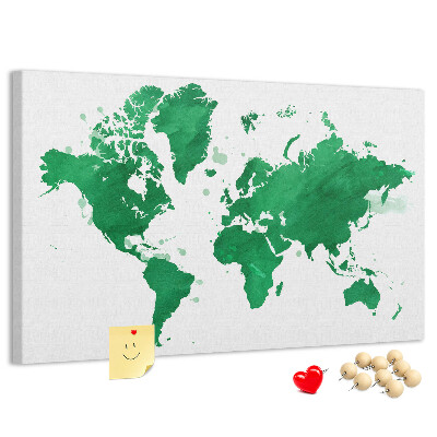 Tableau en liège carte du monde à l'aquarelle verte