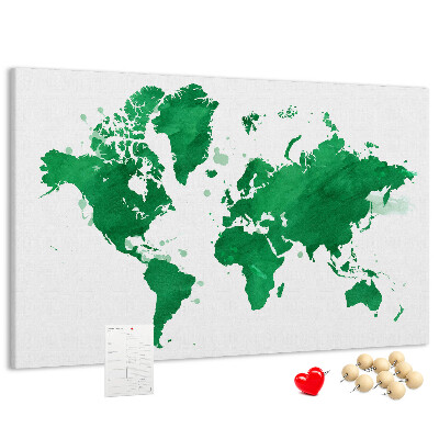 Tableau en liège carte du monde à l'aquarelle verte