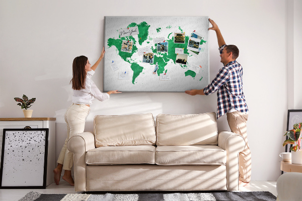 Tableau en liège carte du monde à l'aquarelle verte