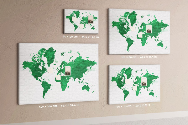 Tableau en liège carte du monde à l'aquarelle verte