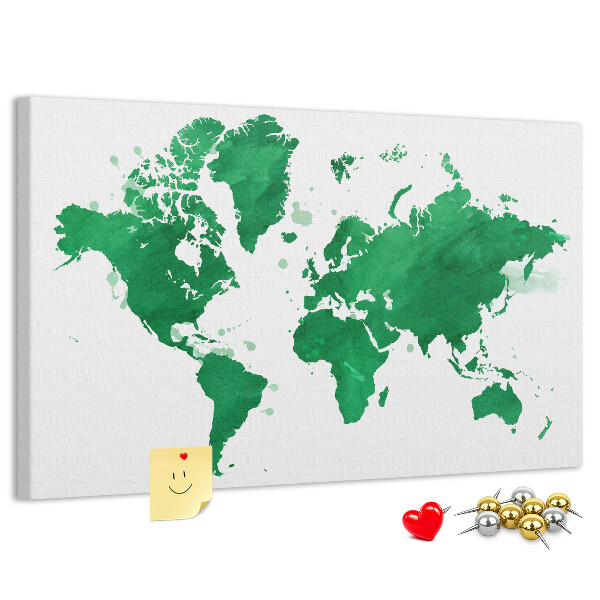 Tableau en liège carte du monde à l'aquarelle verte