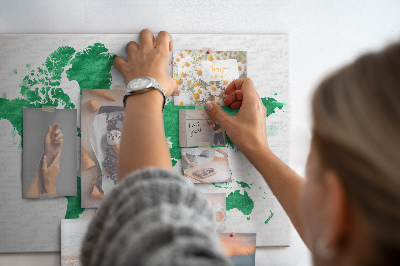 Tableau en liège carte du monde à l'aquarelle verte
