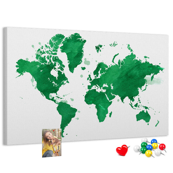 Tableau en liège carte du monde à l'aquarelle verte
